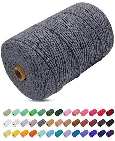 Makramee Garn Grau, Uiopa 3mm x 200m Farbig Baumwollkordel, Baumwollseil, Geflochten Baumwollgarn, 4 Stränge für Wandbehang, Hängepflanze, DIY Boho Deko