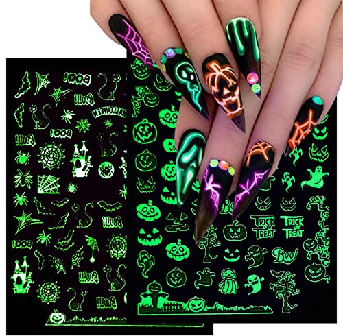 9 Blatt Nagelsticker Halloween Nagelaufkleber Selbstklebend Schrei Leuchtend Spinnennetz-Kürbis-Schädel-Fledermaus-Geist-Hexe Nail Art Sticker Dekoration Nageldesign Zubehör