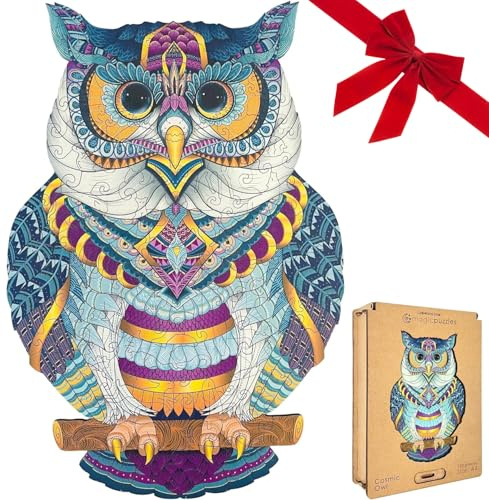 Lubiwood Verspielters Tierform-Holzpuzzle (42x29 cm) - Fördert Beobachtungsfähigkeiten und Zufriedenheit - kommt mit Holzgeschenkbox - (Kosmische Eule, Large (A3))