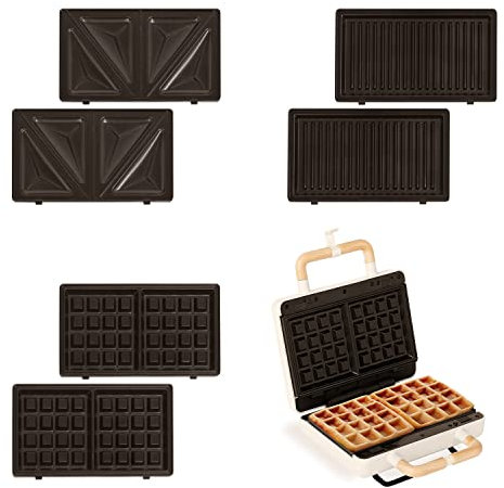CREATE/STONE STUDIO/Sandwichera-Grill y gofrera doble blanco roto / 3 placas intercambiables: Grill, Gofre y Sandwich, antiadherente, apertura 100º, 2 rebanadas, autoapagado, retro, 800W