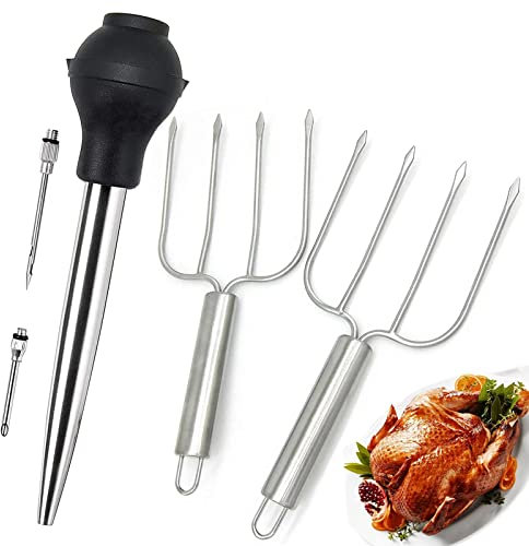 KAYCROWN Stainless Steel Turkey Baster & Stainless Steel Turkey & Roast Lifters, Silicone Bulb