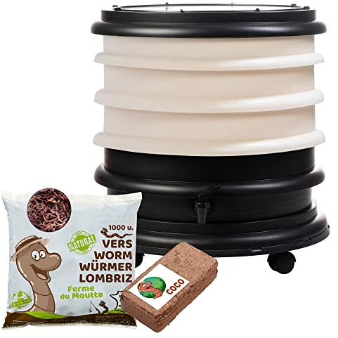 WORMbox | Vermicompostador Compostera 3 bandejas Marfil + 500g de Lombrices / 1000 und + 1 Coco | 48 litros | Composta residuos orgánicos, lombrices producen Humus de Lombriz