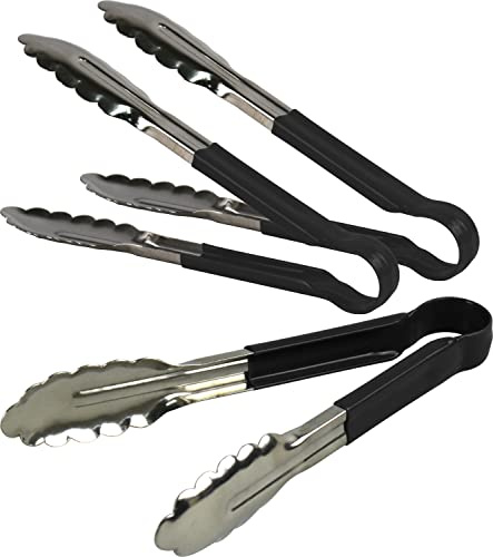 3X Catergold Professional Stainless Steel Cooking Tongs Set (9, Black)