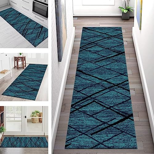 Teppich Läufer Flur Küche rutschfest waschbar Teppichläufer Lang 60X100CM Türkis Schwarz Muster Küchenläufer Meterware Korridor Tepiche Kücheteppich Schlafzimmer Wohnzimmer Flurmatten Breit 40-120cm