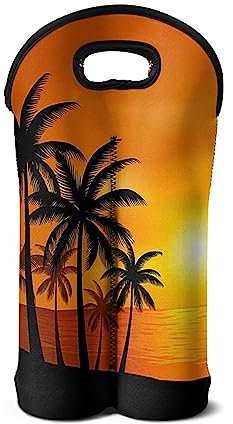 Wanyint Coucher de soleil palmier imprimé fantaisie vin fourre-tout avec poignée étanche 2 bouteilles transporteur de vin pour camping voyage