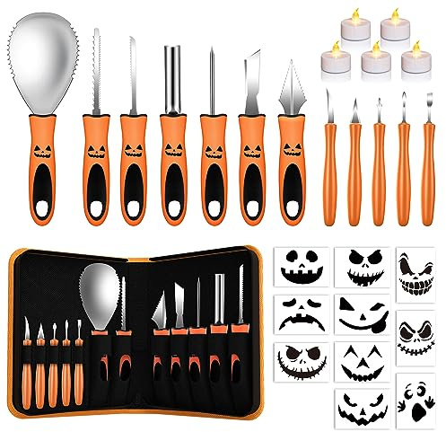 QcoQce Halloween Kürbis Schnitzset, 12PCS Edelstahl Kürbis Schnitzwerkzeuge DIY Sculpting Kürbis Tool Kit mit Aufbewahrungstasche Pumpkin Carving Set