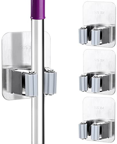 Tikplus Besenhalterung Wand 3 Stück Edelstahl Besenhalter Selbstklebend, KüChenorganizer Haken Ohne Bohren, GeräTehalter FüR KüChe,Wischmopp, Badezimmer, Garten, Schaufel, Werkzeuge (Silber)