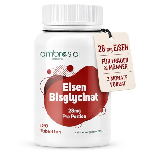Ambrosial Eisenbisglycinat Tabletten | 120 Tabletten | 28 mg Eisen pro Tablette | 2 Monate Vorrat | Für Frauen und Männer | Eisen trägt zu einem normalen Energiestoffwechsel bei (EFSA)