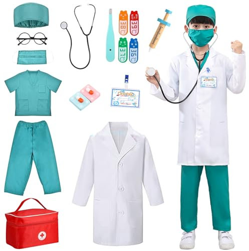 Arztkoffer Kinder Holz,Arztkittel Kinder,Doktorkoffer Kinder,mit Echt Stethoskop,Thermometer,Arztkittel und Arztkoffer,Doktor Spielset Rollenspiel Kit für Kinder ab 3 Jahren.