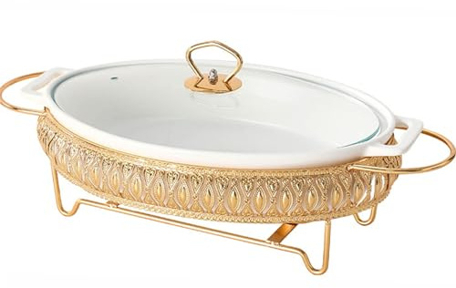 Chafing Dish-Buffet-Set Aus Keramik, WarmhaltebehäLter, Buffet-WäRmer-Set Mit Transparentem Glasdeckel, Goldener Chafing Dish, FüR Buffet-Hochzeiten, Partys, Bankette,L