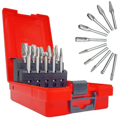 Dauchlime Carbide Rotary Burrs Set with 1/4''Shank 10Pcs Double Cut Solid Tungsten Carbide Rotary Files Bits for Die Grinder Metal Woodworking Drilling Engraving Polishing Grinding (Noble Red)