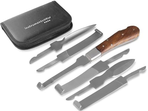 Profi Hufmesser Set für Pferde 7-Teilig - Reitmesser mit 6 Hufwerkzeuge als Kit Klauenmesser mit Klingen zum Auswechseln im Taschenformat inkl. Etui - Gehärteter Rostfreier Spezialstahl