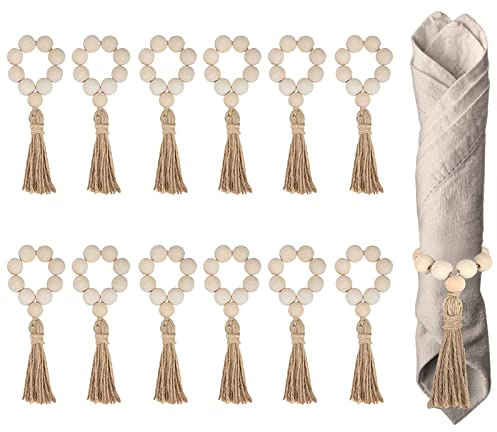 Lidzopas Serviettenringe mit Holzperlen, Boho-Serviettenringhalter, Handgefertigt, Bauernhaus-Serviettenringe, Halter mit Quasten für Weihnachten, Bauernhaus, Hochzeit, Zuhause, Tischdekoration, 12
