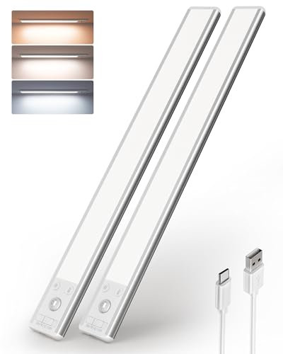 EZVALO Under Cabinet Kitchen Lights, 3 Color Dimmable 134 LED Motion Sensor Lights Indoor, 3200mAh Rechargeable LED Lights for Cupboard, Kitchen (37cm, 2 Pack)
