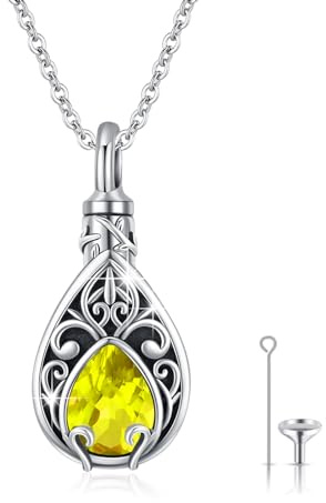 XIXLES Collier urne arbre de vie En forme de goutte d'eau Bijou en argent sterling Novembre Jaune Pierre de naissance Collier pour cendres Bijou de crémation pour femme - Cadeau souvenir pour