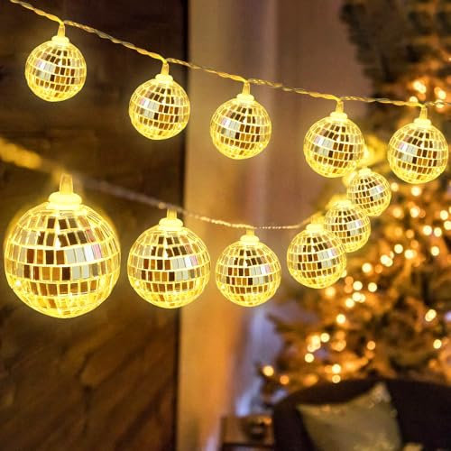 mizikuu LED Disco Specchio Palla Stringa Luce, 150 cm Palla da Discoteca Sfera a Specchio Disco Ball String Luci Argento da Appendere Decorazione per Natale, Capodanno, Festa a Tema, Compleanno