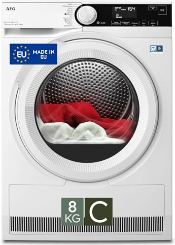 AEG Serie 8000 Asciugatrice a Pompa di Calore, 8 kg, TR8D83GW, Classe C, 12 Programmi, Tecnologia AbsoluteCare, PreciseDry con Sensori di Umidità, Display LCD Touch, 65 dB, 850x596x636 mm