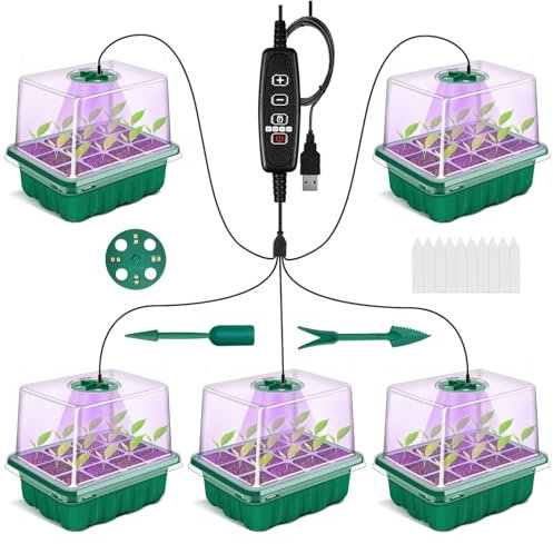 DOUUCO Mini serra per piante, 5 pezzi, vassoio per piantine con tappetino riscaldato, regolatore di luminosità regolabile, scatola di coltivazione durevole, con coperchio alto e ventilazione