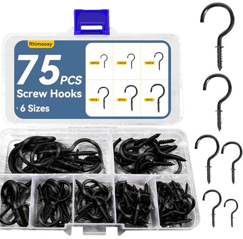 Rhimooay 75 Stk schraubhaken, Schraubhaken set haken mit gewinde, hakenschrauben für deckenhaken, Haken zum Schrauben Metall zum Aufhängen einschraubhaken - Schwarz