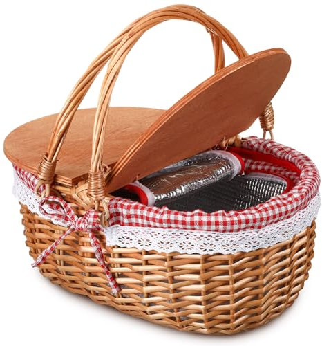 DoubleFill Wicker Insulated Picnic Basket with Lid Wicker Picnic Basket with Folding Handles and Insulated Cooler Bag for Camping Outdoor Easter Valentine Birthday Gift(Red Plaid)
