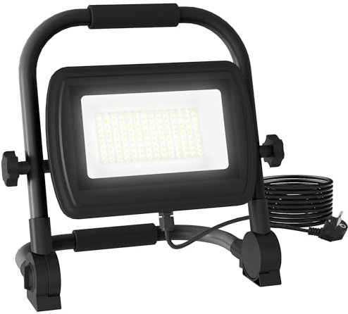 HOMCOM Faro da Cantiere da Lavoro 50W, Faretto da Cantiere da 6500K 4250LM con Testa Girevole e Supporto Regolabile, Faretto a LED in Alluminio e Metallo, Impermeabile IP65, 1.5 Metri di Filo, Nero