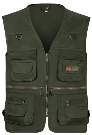 AOTORR Men’s Fishing Vest Casual Outdoor Work Safari Fishing Photo Cargo Vest Summer Jacket With Multi Pockets Army Green S