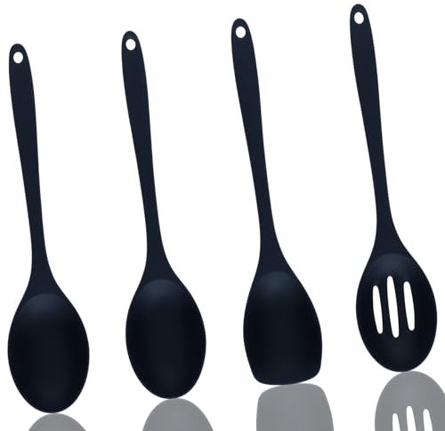 Küchenutensilien Set, 4 Stück Schwarze Silikonlöffel, Servierlöffel Silikon Kochlöffel Silikon Löffel Groß für Kochen Backen RüHren