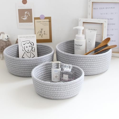 Lxoraziy 3er Set Aufbewahrungskorb Geflochten, Stapelbare Speicher Storage Basket, Baumwollseil Aufbewahrungskörbe, für Organisieren von Kleidung,Badezimmer,Spielzeug Körbe Aufbewahrung(Grau)