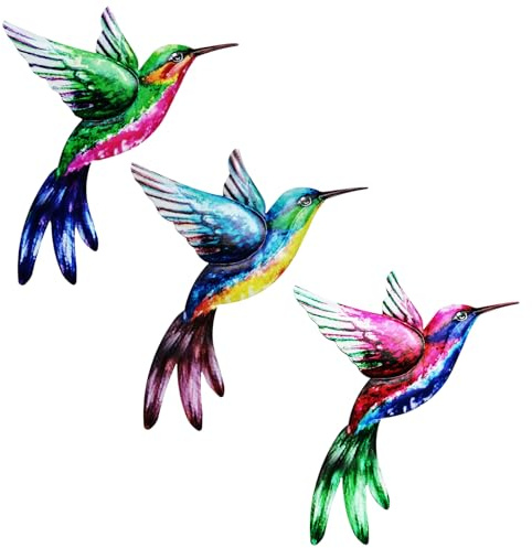 LWINGFLYER 3PCS Metal Hummingbird Wall Garden Decor Wrought Iron Colorful Fence Decoration Wall Art Decor for Balcony Beautifying Perfect for Gardens Patio Fences Outdoor Rooms