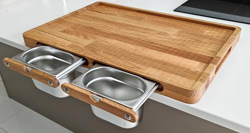 Tagliere da Cucina Professionale in Legno Naturale con Superficie Inclinata per la Raccolta di Liquidi e Contenitori Acciaio (Rovere, XXL (56X37CM))