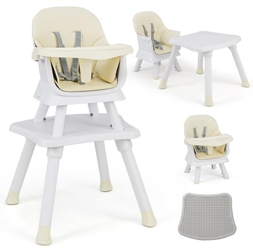 COSTWAY 6 en 1 Trona Bebe, Silla Alta para Bebés Evolutiva, Trona Portátil, Silla de Alimentación con Arnes de 5 Puntos, Bandeja y Cojín Desmontables