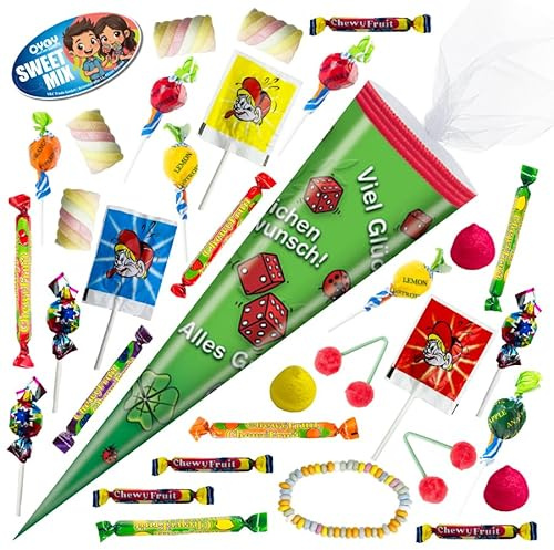 OYOY 35cm Schultüte gefüllt mit 275g Süßigkeiten Mix I Viel Glück - Herzlichen Glückwunsch I Ausbildungsbeginn Geschenk I Zuckertüte Studienbeginn I Neuer Job Geschenke