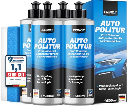 PRINOX 4x Profi Autopolitur 500ml inkl. Polierschwamm für alle Lacke - Schwarz, Weiß, Buntlacke, Metalliclacke I Auto Politur mit Nanoversiegelung zum Kratzer entfernen - Made in DE