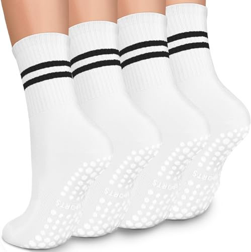 EUDUQ Calzini da donna 35-40, 4 paia di calzini antiscivolo con gommini antiscivolo per yoga, pilates, barre, trampolino e calzini sportivi, bianco, Taglia unica