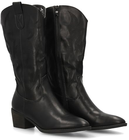 shoes&blues.es 95528 Bota Cowboy con Bordados Decorativos en la Cana y Tacon Ancho Comodo. Ideal para Mujer Otono Invierno. Negro Talla 36