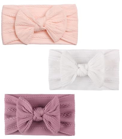 3 Pièces Bandeau Bébé Fille, Bébé Bandeaux Doux et Mignon Bandeau en Nylon souple Arc Élastique pour Bébé Filles Nouveau-né Infantile Bambins Enfants Accessoire Fête de Photographie(Rose Blanc Violet)