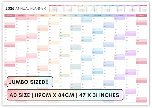 Planificateur mural mensuel géant 2026, format A0, 119 cm x 84 cm, double face, imprimé jumbo, calendrier mural 2026, planificateur annuel, organiseur pour bureau, université, école | Coloré (plié)