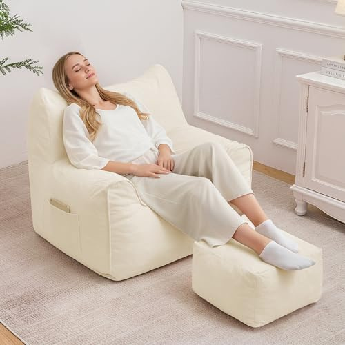 HOMMPA Sitzsack Erwachsene XXL mit Hocker für Wohnzimmer,Schlafzimmer,Beige | Katzenförmiges Sitzsack Sofa aus Cord Großer Sessel und Lesesessel mit Waschbarem Bezug Rosa