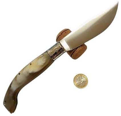 Generico Coltello Artigianale Arburese con Manico in Corno di Montone Lucido, Lama in Acciaio 10 cm, Testina in Alpacca, Lunghezza Totale 23 cm, Fatto a Mano Tradizionale Sardo