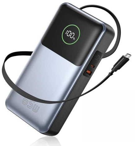 Batterie Externe Ultra-Fine 26800mAh， Câble Type-C Extensible Intégré， Charge Rapide 65W PD pour PC Portable， 3 Ports Partagés， Voyage et Extérieur（Noir）