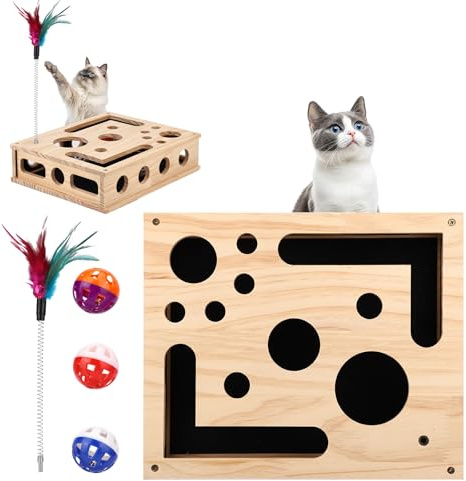 Sinbana Caja de enriquecimiento para Gatos, rascador y Lima de uñas de Madera Integrados, Juguete Interactivo con Varita y 3 Bolas cascabeles, Centro de Actividades para Gatos de Interior