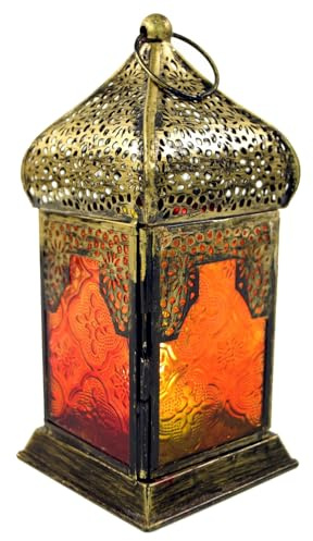 GURU SHOP Orientalische Metall/Glas Laterne in Marrokanischem Design, Windlicht - Rot/gelb, 17x8x8 cm