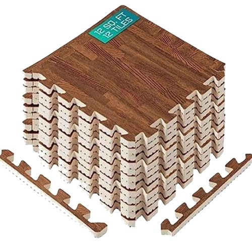 Yes4All Tapis Emboîtables en EVA, Dalles de Sol en Mousse, Revêtement de Sol en Mousse avec Bordure pour Meubles, Espace de Vie, Salon, Garage - Dark Oak Wood, 1.02 m2