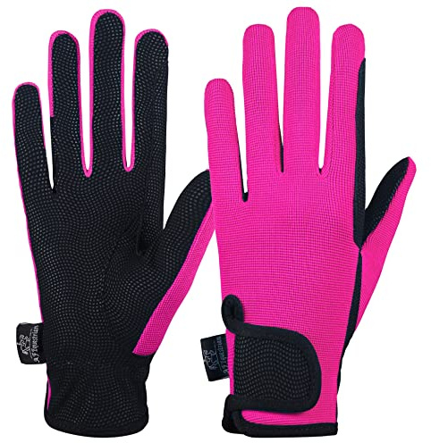 AFE Ladies Horse Riding Gloves Track Fabric Gloves Synthetic Leather Equestrian Black Stretch Fabric Pink Purple Lilac (Pink, Small)
