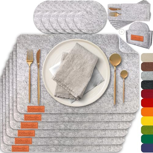 MAHEWA® 6er Set Premium Tischset Platzset aus Filz rutschfest Ab-waschbar und Waschmaschinenfest Eckige Platzdeckchen (Hellgrau - Braun, 6er Set mit Zubehör)