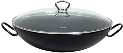 Riess, 0385-022, Wok mit Glasdeckel 36, CLASSIC - SCHWARZEMAILLE, Durchmesser 36cm, Maße 44,5 x 36 x 16,5cm, Inhalt 4 Liter, Emaille, schwarz, Induktion