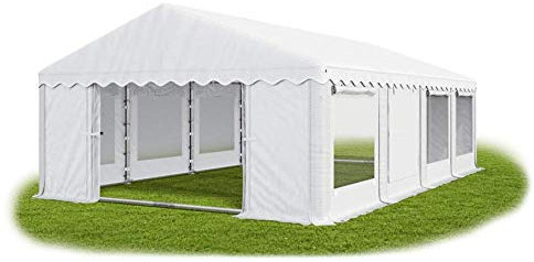 Das Company Partyzelt 5x8m Lagerzelt Universalzelt Pavillon mit Moskitonetz weiß mit Bodenrahmen und Dachverstärkung Zelt 240g/m² PE Plane wasserdicht Gartenpavillon Summer Plus IPEM