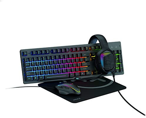 MIXX RapidX Bundle - Set da gioco cablato da 10,2 cm - 1 - Cuffie da gioco, tastiera RGB (UK) e mouse, include tappetino per mouse ad alta densità (neoprene)