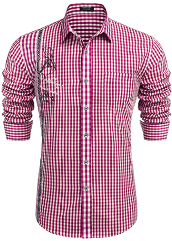 COOFANDY Traditionell skjorta herr rutig skjorta smal passform långärmad fritid oktoberfest rutig skjorta för män, En rosa, L