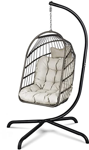 Silla Huevo con Soporte Ultra Fuerte y cojín Plegable de Mimbre y ratán Silla Colgante de Interior al Aire Libre Hamaca de 330 Libras de Capacidad Balcón Porche Dormitorio Jardín